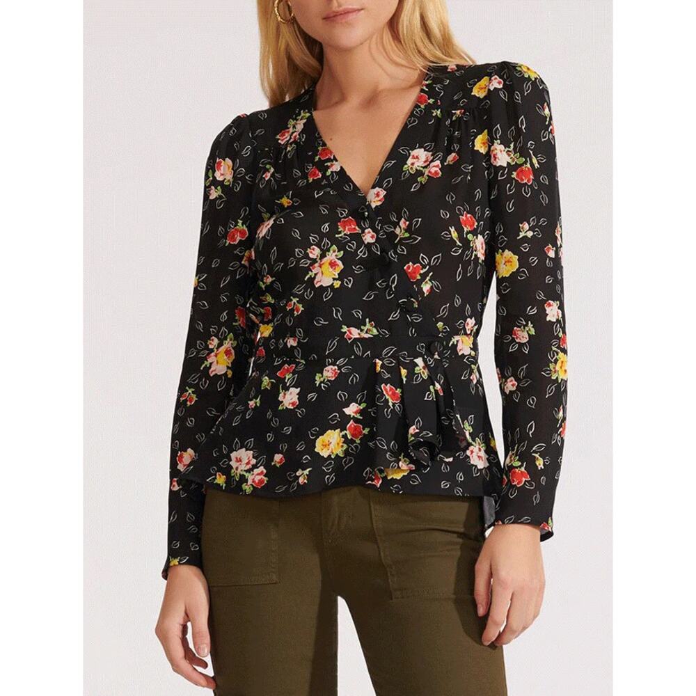 Veronica Beard Kiona 100% Silk Floral Peplum Long Sleeve Blouse Black Size 6